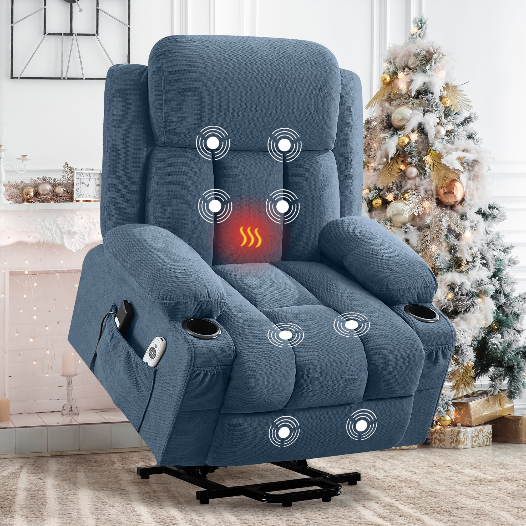 Segmart Power Lift Recliner Chair with Heat and Massage, Ergonomic Rocking Lounge Chair for Living Room, Comfy Overstuffed Recliner with Side Pockets, 2 Cup Holders, USB Charge Port, Beige
