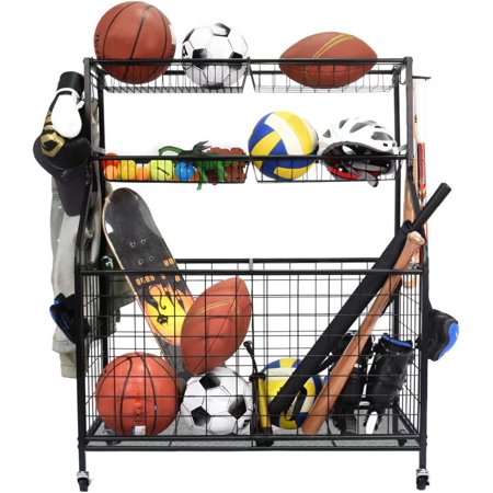 Segmart Sports Equipment Organizer for Ball Storage, Garage Storage Rack with Baskets and Hooks, Rolling Storage Cart for Storage Basketballs, Baseball Bats, Footballs, Tennis Rackets, Black, Steel