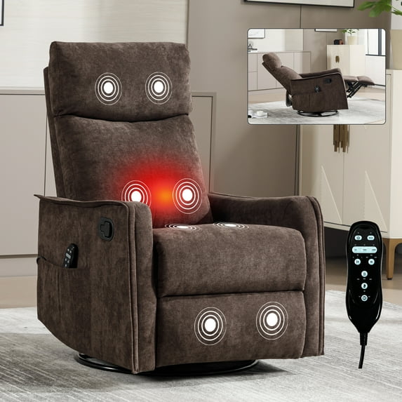 Segmart Swivel Rocker Recliner Chair with Heat Massage, 360 Degree Swivel Rocking Single Sofa with Side Pocket, Manual Handle, Medium-Firm Comfort Recliner Chair for Living Room, Brown