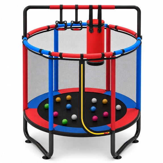 55" Trampoline for Kids, Indoor Kids Trampoline with Gym Bar, Punching Bag, Rings, Ball Pit, Indoor Trampoline for Kids with Net, Mini Trampoline for Kids Ages 3–6, 110lbs Capacity, Blue