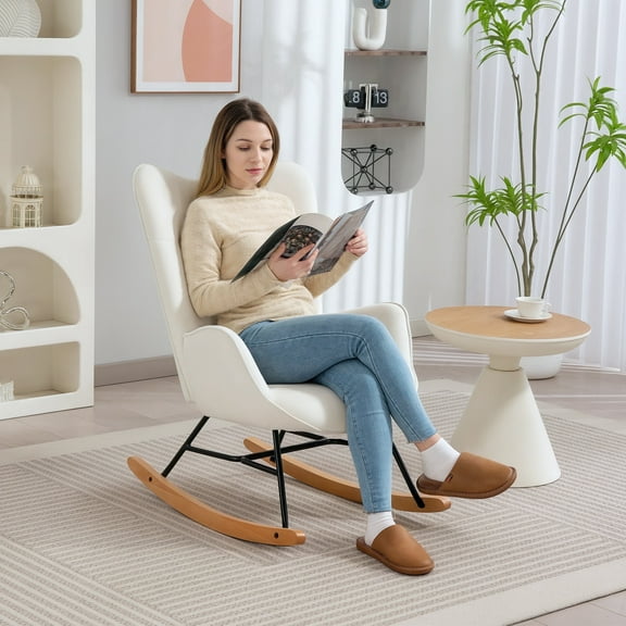 Segmart Velvet Rocking Chair with High-Density Foam Cushion, Upholstered Accent Chair with Wide Backrest, Gentle Rocking Motion, Cream Armchair for Living Room Bedroom Nursery