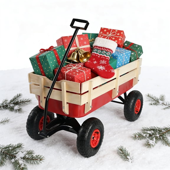 Outdoor Wagon Cart with Wooden Sides & 10" Air Tires - All Terrain Steel Utility Cart for Gardening, Beach, Hauling, 176lbs Capacity, Adjustable Handle, Red