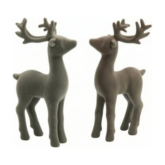Segolike 2 Units Rustic Deer Statue Gray Flocked Christmas Figurine Tabletop Ornament for Mantel Sideboard Home Decor
