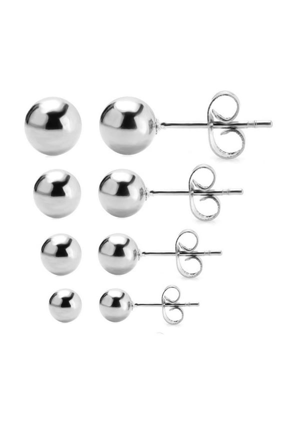 316L Stainless Steel Round Ball Studs Earrings 12 Pair Set Assorted Sizes