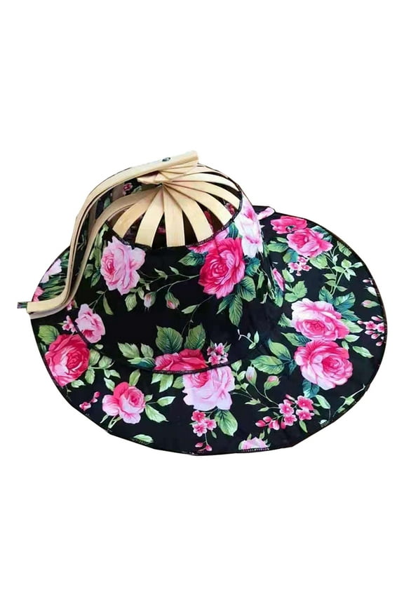 Bamboo Fan Foldable Sun Hat, Wide Brim, Fashion, Portable Multifunctional Women Folding Fan Hat Floral Sun Protection Cap for Outdoor Sports Daily