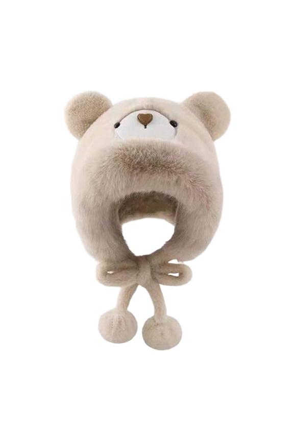 Cute Stuffed Bear Ear Hat Comfortable Animal Headgear for Girls Camping Holidays Beige