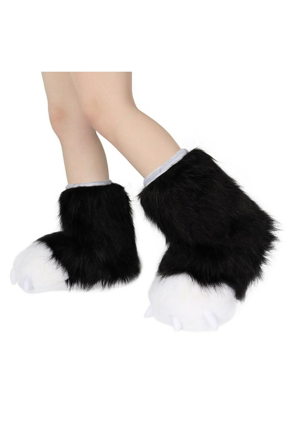 Fuzzy Paw Cosplay Soft Christmas Halloween Funny Fursuit Party Slippers black and white