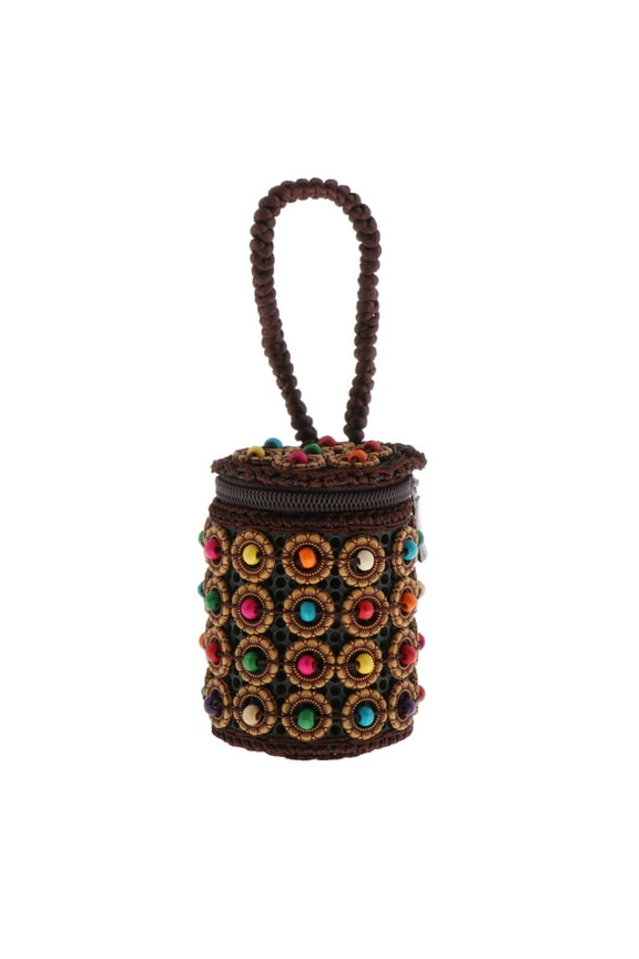 Multicolor Beads Woven Wood Wristlet Mini Cylinder Handbag Jewelry Pouches