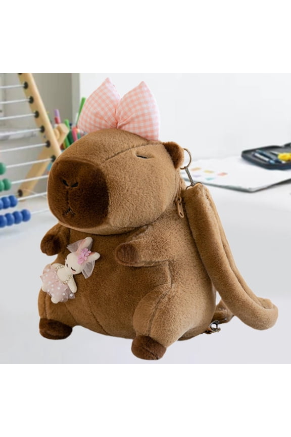 Plush Capybara Backpack, Cute 13.8 inch Capybara Stuffed Animal for Party, Birthday Gift Pink Bow