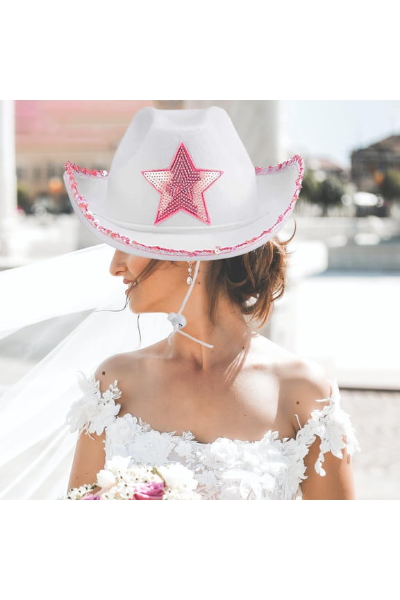 West Cowboy Hat with Tiara Sequin Star Sun Hats White Felt Wide Brim Novelty Hat , Women Ladies, Dress up ,Fancy Dress