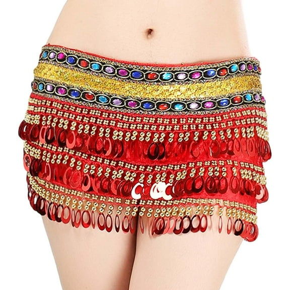 Segolike Women Belly Dance Skirt Shiny Hip Scarf Wrap for Festival Tango Themed Party Red