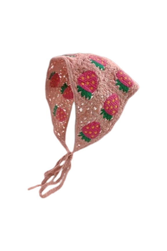Women Crochet Bandana Hair Accessories Cute Tie Knotted Decoration Head Kerchief Pink Strawberries