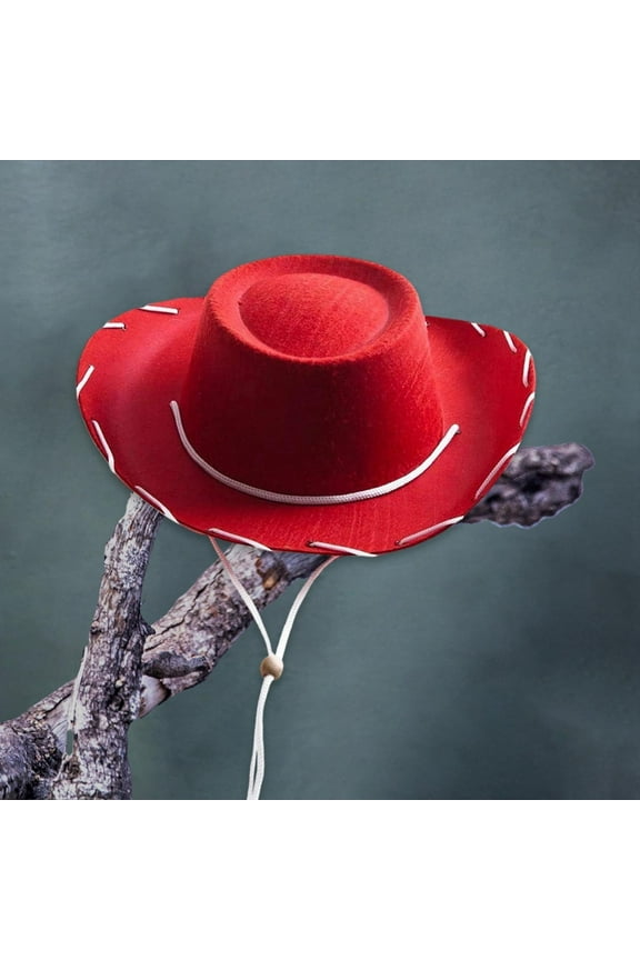 Women Men Retro Felt Wide Brim Western Cowboy Cowgirl Hat Outdoor Sun Protect Dress Up Hat with Wind Lanyard Fit Size (Red)