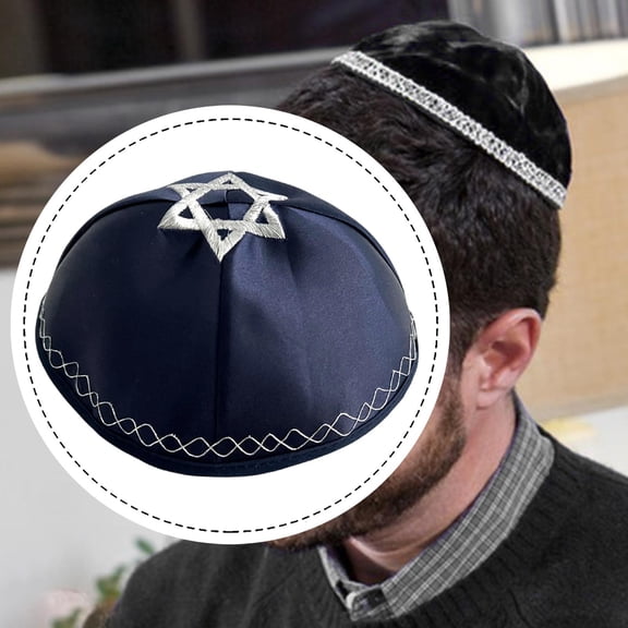 Segolike Yamaka Embroidered Kippah Hat, Modern Round Cut, Smooth Polyester, Timeless Design, Lightweight And Pleasant to The Touch, Suitable for Ceremonies And Navy