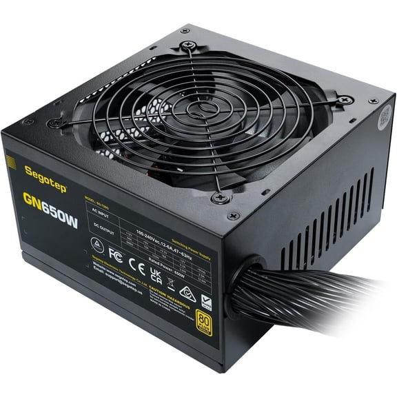 Segotep 650W 80 Plus Gold Certified Non-Modular ATX Power Supply with 6+2 Pin Connectors PFC Protection and RoHS Compliance, 120mm Silent Fan Gaming PSU GN-650 Black