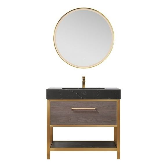 Segovia 36" Black Sintered Stone Single Sink Suleiman Oak Bath Vanity w/ Mirror