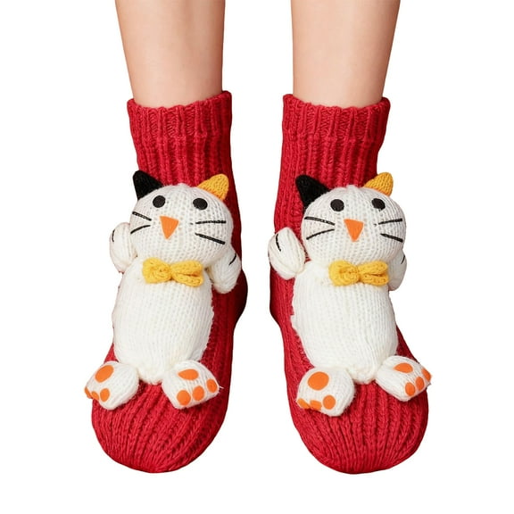 Segrcwoh 3D Knit Animal Socks, Adorable Plush Crew Socks with Character Designs, Ultra Soft & Warm for Christmas, Red
