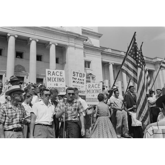 Segregationist Rally In Little Rock. Whites Holding Signs Protesting Against 'Communist Race-Mixing' On The Steps Of The State Capitol. Little Rock History (36 x 24)