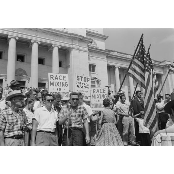 Segregationist Rally In Little Rock. Whites Holding Signs Protesting Against 'Communist Race-Mixing' On The Steps Of The State Capitol. Little Rock History (24 x 18)