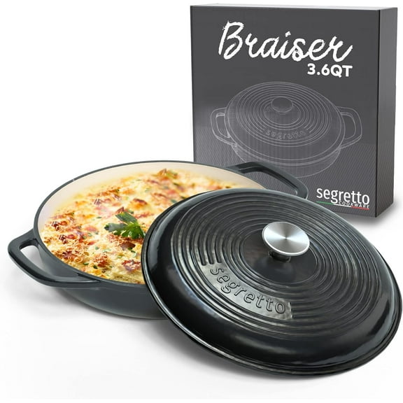 Segretto Cookware 3.6 Qt Enameled Cast Iron Dutch Oven Braiser Pan with Lid – Black Casserole Dish, Enamel Cookware with Handles