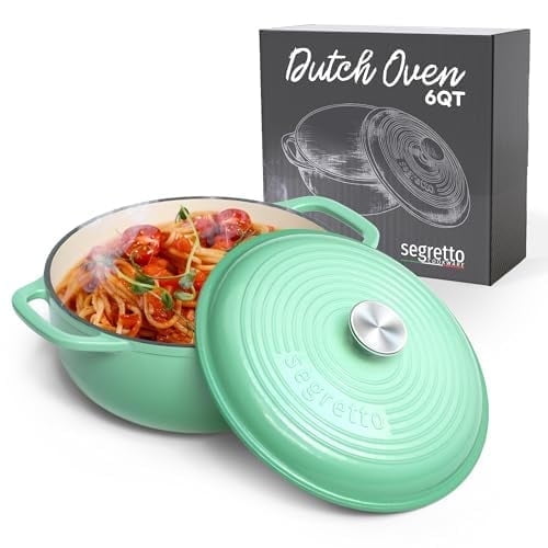 Segretto Cookware 6-Quart Enameled Cast Iron Dutch Oven Pot with Lid, Green Cast Iron Cookware