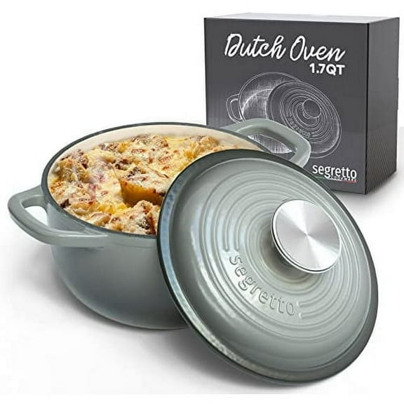 Segretto Cookware Enamel Cast Iron with Handle, 1.7 Quarts, Gray – Small Dutch Oven for Bread Baking, Cooking, and Stews