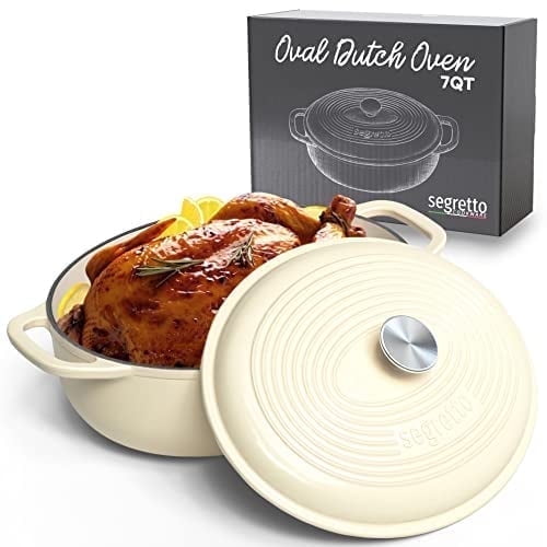 Segretto Cookware 7-Quart Enameled Cast Iron Dutch Oven Pot with Lid, Oval Cast Iron Cookware, White