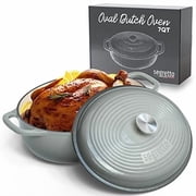 Segretto Cookware 7-Quart Enameled Cast Iron Dutch Oven Pot with Lid, Oval Cast Iron Cookware, Gray