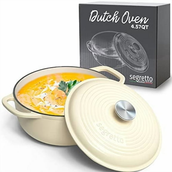 Segretto Cookware Off White 4.57qt Ideal Cast Iron Enamel Dutch Oven Pot with Lid