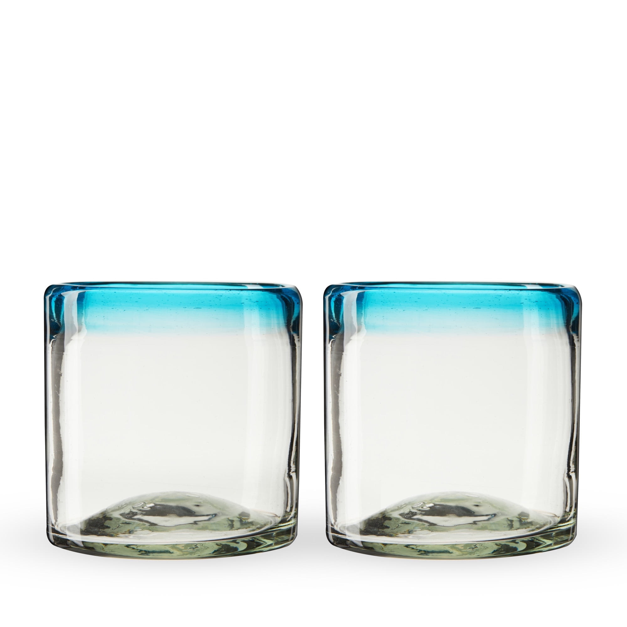 Blue Rimmed Hand Blown Recycled Glass Tumblers, 12oz, Set of 2