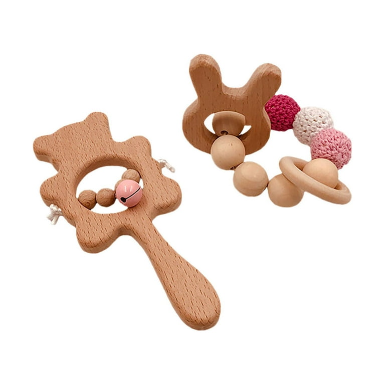 Sehao Beech Animal Rattle Baby Soothing Rattle Baby Soothing Bracelet Hand  Cub Toy Wood Baby bed bell rattle H 