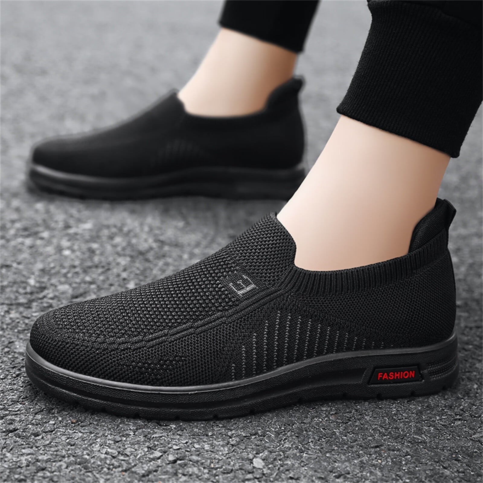 Sehao Fashion Summer And Autumn Men Sneakers Fly Woven Mesh Flat Slip On Comfortable  Men's sneakers Black 40 