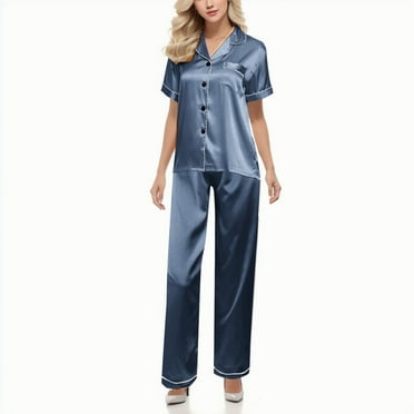 Sehao Silk Satin Pajamas Set Women Two-Piece Nightwear Short Sleeve Sleepwear Soft Button Down Loungewear Set Navy M