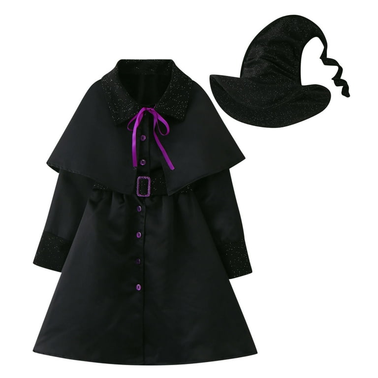 Sehao Toddler Girls Halloween Long Sleeve Witch Costume Show Dress Coat  Belt Hat 4PCS Outfits Clothes Set for Children Clothes Black M