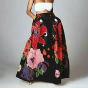 Sehao Womens Casual Dress Women Bohemian Floral Print Skirt High Waist Party Beach Pocket Long Maxi Skirt women clothing trendy S Black