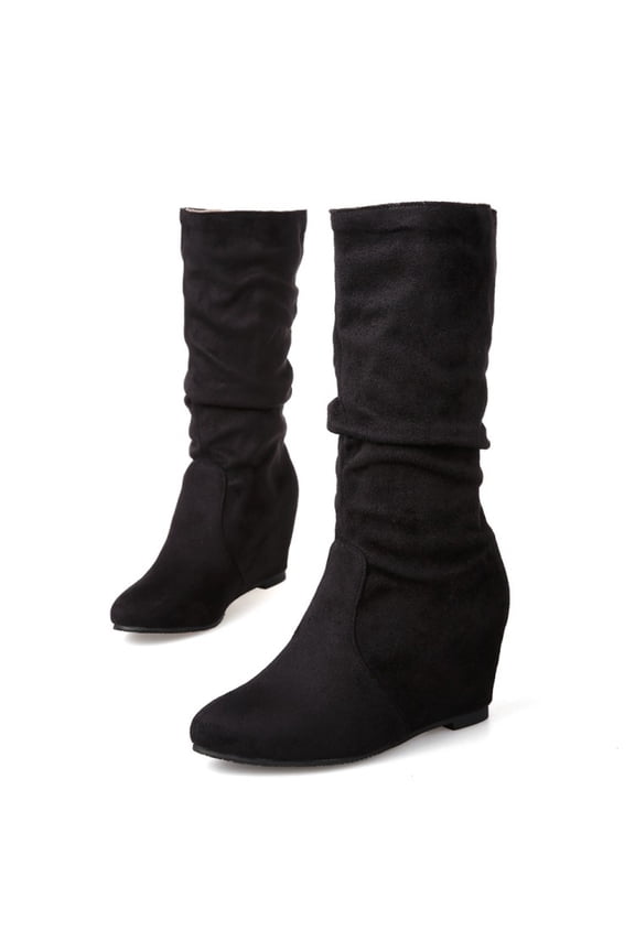 Women's Retro Flock Zipper Internal Elevated Mid Calf Slouchy Boot Shoes Black Flock