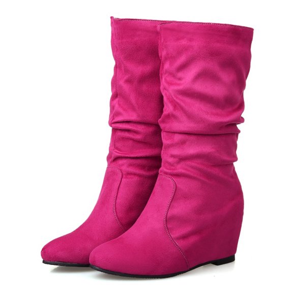 Sehao Women's Retro Flock Zipper Internal Elevated Mid Calf Slouchy Boot Shoes Hot Pink Flock