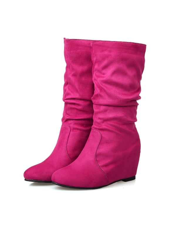 Women's Retro Flock Zipper Internal Elevated Mid Calf Slouchy Boot Shoes Hot Pink Flock