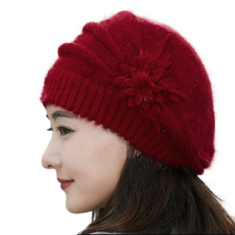 NAILAO Fashionable Women's Floral Knitted Crochet Beanie Hat Winter Warm Hat Wine Red