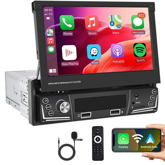 S Car Stereo Single Din Wireless Carplay&Android Auto 7 Inches Flip out Touchscreen 1 Din Radio with Android Auto Bluetooth Mirror Link FM/AM Radio TF/USB/AUX Rear View Camera