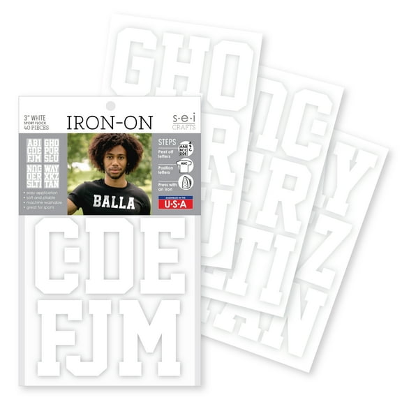 Sei 3 Inch Iron-On T-Shirt Letters, Sport Letter Flock Heat Transfers, White