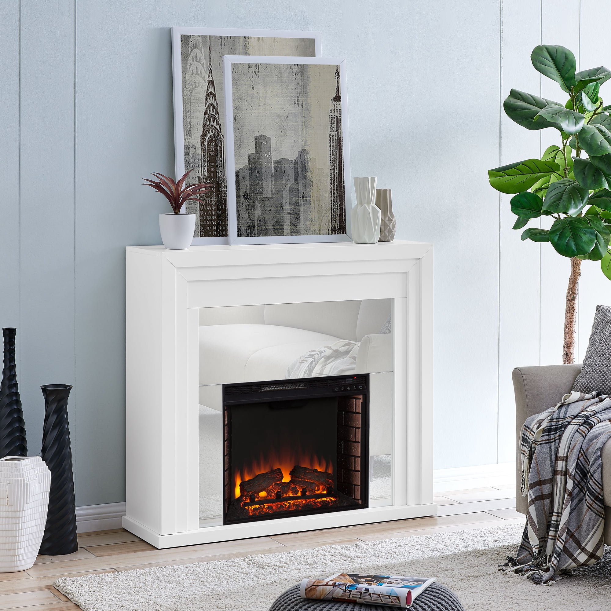 Sei Belranton Contemporary style Mirrored Electric Fireplace in White W/  mirror finish - Walmart.com