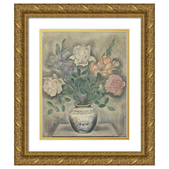 Sei Koyanagui 15x18 Gold Ornate Wood Frame and Double Matted Museum Art Print Titled - Still Life with Roses in a Delft Jar