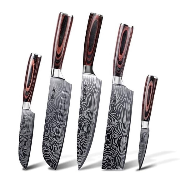 Seido Knives 5-Piece Damascus Master Chef Knife Set - Includes Gyuto, Santoku, Nakiri, Paring Knives - High-Carbon Stainless Steel Kitchen Knives