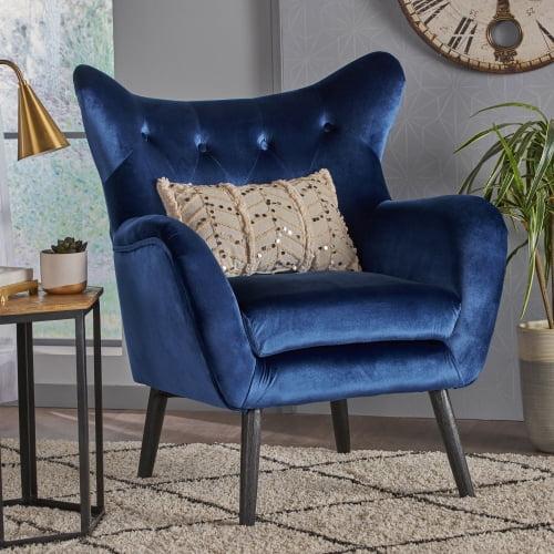 Seigfried Mid-Century Velvet Arm Chair, Navy Blue / Black, 28.5D x 34.25W x 39.75H in