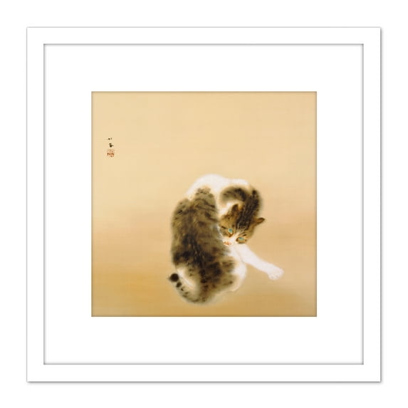 Seiho Madaraneko Tabby Cat Japanese Painting Painting 8X8 Inch Square Wooden Framed Wall Art Print Picture with Mount