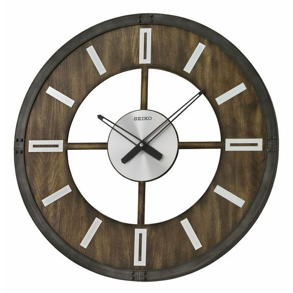 Seiko 24" Large Oversize Wooden Farmhouse Industrial Nari Wall Clock, Quartz Analog QXA782KLH