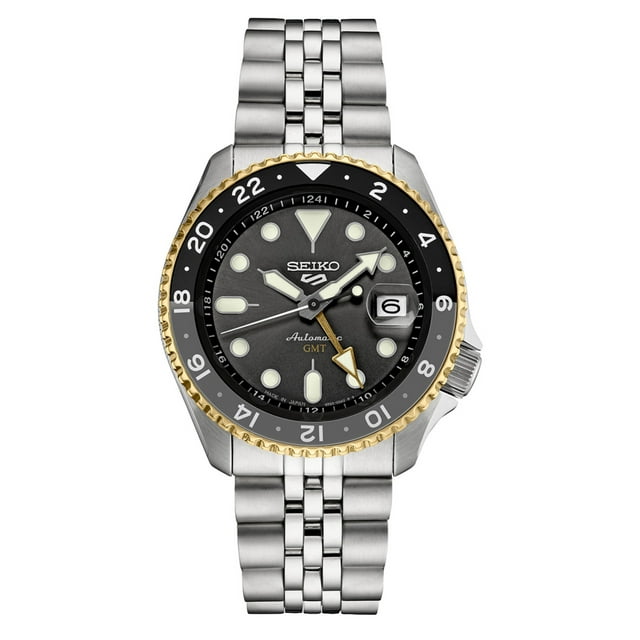 Seiko 5 Sports Automatic GMT Watch with Grey Dial and Gold Accents # ...