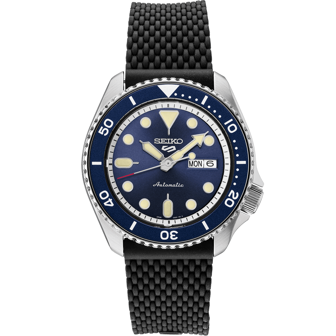 Seiko 5 Sports SRPD93 Blue Dial Black Rubber Day Date Automatic