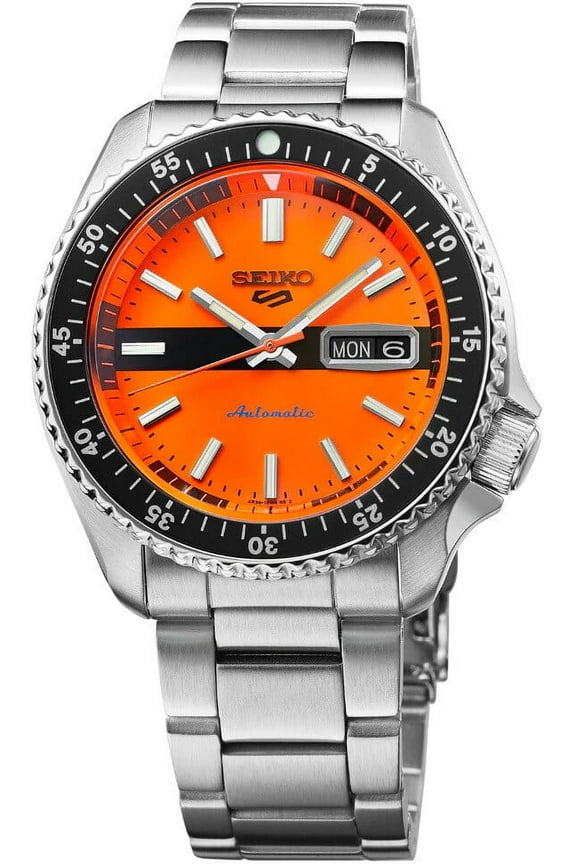 SRPK11 Automatic Watch for Men - 5 Sports Collection - Men's Sport Watch with Orange Dial, Stainless Steel Bracelet - Water-Resistant 100M